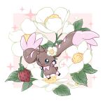  animal_ears black_eyes brown_footwear commentary_request digimon digimon_(creature) flower highres holding holding_flower horns lop_rabbit_ears lopmon oversized_flower rabbit_ears smile solo sparkle tail white_background yagi_kiki 