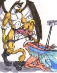 alyn_gryphon anthro archaeopteryx avian bdsm blood bodily_fluids bondage bound dinosaucers dinosaur female genital_fluids gryphon male male/female mythological_avian mythological_creature mythology reptile scalie teryx_(dinosaucers) theropod urine watersports