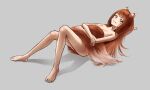  1girl animal_ear_fluff animal_ears bare_arms barefoot blunt_bangs blush breasts brown_hair cleavage commentary completely_nude crossed_arms drop_shadow dutch_angle feet full_body grey_background grin hair_spread_out highres holo hugging_own_tail hugging_tail knees_together_feet_apart knees_up koide_7285 long_hair looking_at_viewer medium_breasts nude red_eyes simple_background smile solo spice_and_wolf straight_hair tail tail_censor toes tsurime very_long_hair wolf_ears wolf_girl wolf_tail 