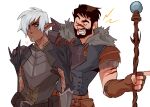  2boys absurdres armor beard black_hair closed_eyes couple dark-skinned_male dark_skin dragon_age dragon_age_2 elf facial_hair facial_mark fenris_(dragon_age_2) full_beard fur-trimmed_armor fur_trim garrett_hawke green_eyes heart highres holding holding_staff lunehowls male_focus mature_male multiple_boys neck_tattoo pointy_ears short_hair shoulder_tattoo simple_background smile staff tattoo upper_body white_background white_hair yaoi 