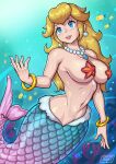  1girl bare_arms bare_shoulders blonde_hair blue_eyes bracelet breasts coral earrings fins fish fish_tail gold_bracelet hand_up jewelry large_breasts long_hair looking_to_the_side mario_(series) mermaid monster_girl navel necklace open_mouth pearl_earrings pearl_necklace princess_peach redjet smile solo starfish stomach super_mario_bros._1 tail teeth underwater upper_teeth_only 