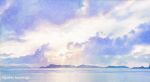  absurdres cloud cloudy_sky highres horizon marine_day mountain mountainous_horizon no_humans ocean original painting_(medium) scenery sky sky_focus toyonaga_ryouhei traditional_media water 