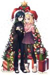  1boy 1girl ahoge akamatsu_kaede alternate_costume bad_id bad_twitter_id black_pantyhose black_sweater blonde_hair blue_footwear blue_hair blue_pants bow brown_footwear casual character_doll christmas christmas_lights christmas_ornaments christmas_star christmas_tree closed_mouth coat coattails collared_coat commentary_request confetti cross-laced_footwear dalrye_v3 danganronpa_(series) danganronpa_v3:_killing_harmony denim eyelashes full_body fur-trimmed_footwear fur-trimmed_headwear fur_trim gift green_bow grey_coat grey_sleeves hair_between_eyes hair_ornament hat hat_belt hat_bow high-waist_skirt highres holding jeans korean_commentary layered_sleeves long_hair long_sleeves miniskirt musical_note musical_note_hair_ornament open_clothes open_coat open_mouth pants pantyhose pink_sleeves pink_sweater pleated_skirt pom_pom_(clothes) purple_skirt red_bow red_hat saihara_shuichi santa_hat shoes short_hair skirt sleeves_past_wrists smile sneakers sweater transparent_background turtleneck turtleneck_sweater two-tone_bow winter_clothes winter_coat yellow_eyes 