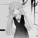  1girl :d arms_behind_back blush buttons cowboy_shot dress greyscale highres indoors leaning_to_the_side long_bangs long_hair long_sleeves looking_at_viewer monochrome open_mouth original shirt sidelocks sleeveless sleeveless_dress smile solo straight_hair yorunogumo 