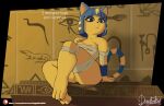  animal_crossing ankha_(animal_crossing) anthro bandage blue_eyes blue_hair breasts cleavage clothed clothing dialogue doggomeatball domestic_cat felid feline felis female genitals hair hi_res hieroglyphics looking_at_viewer mammal nintendo nude pussy raised_leg sitting solo thick_thighs video_games yellow_body 