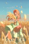  1girl :o absurdres alternate_costume animal_ears bare_arms blue_sky blunt_bangs blurry blush brown_eyes brown_hair chinese_commentary commentary_request day depth_of_field dress fang feet_out_of_frame floating_hair green_dress highres holding_wheat holo long_hair looking_at_object open_mouth outdoors plaid plaid_dress skin_fang sky sleeveless sleeveless_dress solo spice_and_wolf standing tail tsurime very_long_hair wheat wheat_field wind wind_lift wolf_ears wolf_girl wolf_tail zec0606 