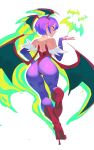  absurdres animal_ears animal_print ass bat_ears bat_print bat_wings demon_girl from_behind high_heels highres light_smile lilith_aensland purple_hair red_eyes red_footwear roxy_thefoxy short_hair thighs vampire_(game) wings 