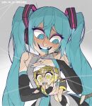  2024 2girls aqua_eyes aqua_hair aqua_mouth aqua_nails aqua_necktie aqua_tongue black_skirt black_sleeves blush chibi collared_shirt colored_tongue crazy_eyes crazy_smile crying crying_with_eyes_open dated detached_sleeves drooling eyeshadow grey_shirt grey_shorts hair_ornament hairclip hatsune_miku head_tilt headpat headphones headset highres kagamine_rin leg_warmers long_hair lying makeup messy_hair mini_person minigirl missing_tooth mori_no_ji multiple_girls necktie nervous_sweating on_stomach ooze open_mouth peeing peeing_self petting purple_eyeshadow ringed_eyes scared shirt shorts skirt slime_(substance) smile streaming_tears sweat swept_bangs tears turn_pale twintails very_long_hair vocaloid wavy_eyes yandere yellow_tongue 