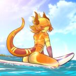 1:1 2_horns anthro butt clothed clothing digital_media_(artwork) dragon endcoon eyes_obscured female gris_swimsuit hair horn mai_tai_(cstrawrun) meme meme_clothing one-piece_swimsuit open_mouth orange_body orange_hair outside raised_tail seaside sitting sitting_on_surfboard sky smile solo surfboard swimwear translucent translucent_clothing translucent_swimwear vehicle water watercraft 