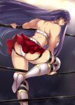  1girl ass fate/grand_order fate_(series) from_behind highres long_hair looking_at_viewer martha_(fate) muscular muscular_female panties purple_hair red_skirt serious skirt solo steam sweat thighhighs thighs tobisawa underwear very_long_hair white_panties white_thighhighs wrestling wrestling_ring 