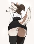 anthro bent_over bodily_fluids bulochka butt canid canine canis clothed clothing domestic_dog dress female freckles fur genital_fluids genitals hair hi_res legwear mammal multicolored_body multicolored_fur no_underwear ponytail presenting presenting_hindquarters pussy rear_view simple_background solo thigh_highs upskirt vaginal_fluids