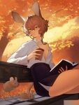  1girl absurdres animal_ears arknights autumn autumn_leaves bench blouse book breasts brown_hair business_casual cleavage coffee_cup cup disposable_cup distr dorothy_(arknights) fluffy_hair golden_eyes highres holding holding_cup jerboa jewelry miniskirt necklace no_bra open_book outdoors park_bench pearl_necklace pen shirt short_hair side_slit sitting skirt smile solo thighs white_shirt 