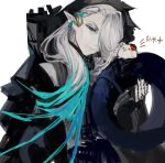  1boy 1girl aqua_hair arknights elysium_(arknights) grey_hair long_hair mantra_(arknights) multicolored_hair old old_woman pointy_ears snake_girl two-tone_hair xian_qishui 