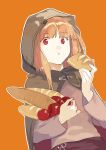  1girl :t absurdres animal_ears apple blunt_bangs bread bright_pupils brown_cloak brown_hair brown_shirt chinese_commentary cloak closed_mouth commentary_request derivative_work eating food fruit hands_up highres holding holding_food holding_fruit holo hood hood_up long_hair long_sleeves looking_at_viewer orange_background red_apple red_eyes shenhaiqiqudan shirt simple_background solo spice_and_wolf upper_body wolf_ears wolf_girl 