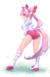  1girl animal_ears arms_up ass blush breasts commentary_request fingerless_gloves full_body gloves grass hair_ornament haru_urara_(umamusume) headband highres horse_ears horse_girl horse_tail pink_eyes pink_hair ponytail small_breasts solo standing stretching tail umamusume usapenpen2019 white_background 
