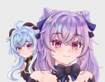  2girls absurdres ahoge bare_shoulders black_bow blue_hair bow commentary cone_hair_bun ganqing ganyu_(genshin_impact) genshin_impact grey_background hair_bun highres horns keqing_(genshin_impact) long_hair looking_at_viewer multiple_girls portrait purple_eyes purple_hair simple_background smile twintails 