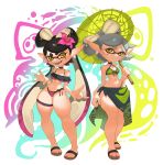  2girls absurdres bikini callie_(splatoon) cross-shaped_pupils earrings green_umbrella highres jewelry looking_at_viewer marie_(splatoon) mole mole_under_eye multiple_girls pointy_ears roxy_thefoxy sharp_teeth smile splatoon_(series) squid_girl summer swimsuit symbol-shaped_pupils teeth tentacle_hair thick_thighs thighs umbrella v wide_hips 