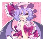  1girl :p back_bow bat_wings blue_hair border bow dot_nose double-parted_bangs dress drop_shadow eyelashes frilled_bow frills hair_between_eyes hand_up hat hat_bow light_blue_hair mob_cap open_hand pink_dress pink_eyes red_bow remilia_scarlet short_hair sleeve_bow tongue tongue_out touhou tsugomori_(remilia0398) upper_body white_border wings 