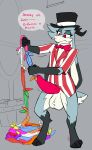 absurd_res anthro antlers balls bow_tie clothed clothing dialogue genitals hat headgear headwear hi_res horn jackalope kyle_(topazknight) lagomorph magic male mammal partially_clothed penis solo text topazknight urethral