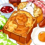  animal_focus bacon bread bread_slice cherry_tomato closed_eyes commentary egg_(food) food food_focus french_toast fried_egg lettuce lilac_(p-f_easy) lying maple_syrup no_humans on_back original rabbit sausage sleeping tomato white_fur 