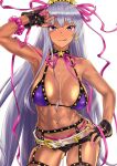  1girl arm_up bangs bare_shoulders bb_(fate) bb_(swimsuit_mooncancer)_(fate) bb_(swimsuit_mooncancer)_(second_ascension)_(fate) bead_bracelet beads belt bikini black_garter_belt black_gloves black_shorts blush bracelet breasts cleavage collarbone dark-skinned_female dark_skin fate/grand_order fate_(series) fingerless_gloves gloves hair_ornament hair_ribbon hairband hand_on_hip highres jewelry large_breasts licking_lips long_hair looking_at_viewer loose_belt micro_shorts nail_polish navel navel_piercing neck_ribbon piercing pink_nails purple_bikini purple_eyes purple_hair ribbon shorts smile solo star_(symbol) star_hair_ornament studded_garter_belt suna swimsuit tan thighhighs thighs tongue tongue_out very_long_hair white_belt 