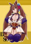  1girl absurdres animal_ears blush breasts brown_hair buttons character_name choker cleavage closed_mouth commentary_request daiwa_scarlet_(umamusume) fang hair_intakes highres horse_ears horse_girl horse_tail jacket large_breasts long_hair long_sleeves looking_at_viewer open_clothes open_jacket purple_thighhighs red_eyes red_shirt red_shorts shirt shorts skin_fang skirt solo starting_future_(umamusume) tail thighhighs thighs tiara twintails umamusume very_long_hair white_jacket white_skirt yellow_background zhaod 