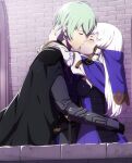  1boy 1girl arm_around_waist arms_around_neck black_cape black_gloves breast_press breasts byleth_(fire_emblem) byleth_(fire_emblem)_(male) cape closed_eyes couple dannex009 day fire_emblem fire_emblem:_three_houses from_side gloves green_hair hetero kiss long_hair lysithea_von_ordelia outdoors profile shiny shiny_hair small_breasts white_hair 