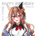  1girl animal_ears blush bow bowtie braid brown_hair character_name ear_covers hair_between_eyes hair_bow hair_ornament happy_birthday highres horse_ears horse_girl long_hair looking_at_viewer meikei_yell_(racehorse) multicolored_hair open_mouth orange_bow original personification poinsettia_yell purple_eyes red_bow red_bowtie shirt simple_background single_ear_cover smile solo umamusume upper_body white_background white_shirt 