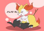  2017 3_toes 4_fingers anthro anus areola black_body black_skin blush braixen breasts cheek_tuft chest_tuft clitoris english_text facial_tuft feet female fingers fur genitals holding_object inner_ear_fluff looking_at_viewer nintendo nipples not_a_furfag open_mouth pink_areola pink_background pink_eyes pink_nipples pok&eacute;mon pok&eacute;mon_(species) presenting presenting_anus presenting_pussy pussy red_body red_fur red_nose simple_background sitting solo stick teeth text toes tongue tuft video_games white_body white_breasts white_fur yellow_body yellow_fur 