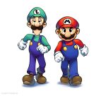  2boys blue_overalls boots brothers brown_footwear brown_hair clenched_hands facial_hair gloves green_hat green_shirt hat highres looking_at_viewer luigi mario mario_&amp;_luigi_rpg mario_(series) masanori_sato_(style) multiple_boys mustache official_style overalls red_hat red_shirt red_socks shirt short_hair siblings simple_background socks striped_clothes striped_socks two-tone_socks vinny_(dingitydingus) white_background white_gloves white_socks 