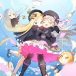  2girls abigail_williams_(fate) bare_legs beret black_bow black_capelet black_cloak black_dress black_footwear black_hat black_ribbon blonde_hair bloomers blue_eyes blue_overalls blue_sky book boots bow capelet card character_doll cloak closed_eyes cloud cup doll_joints doughnut dress facing_up falling falling_petals fate/grand_order fate_(series) food food_print frilled_dress frilled_sleeves frills fur-trimmed_capelet fur_trim green_eyes grey_hair hair_bow hands_on_another&#039;s_arm hat hat_ribbon hug jack_the_ripper_(fate/apocrypha) joints knee_boots long_hair looking_down mary_janes multiple_girls multiple_hair_bows mushroom_print nursery_rhyme_(fate) open_book open_mouth orange_bow outdoors overalls parted_bangs paul_bunyan_(fate) petals print_dress ribbon saucer shoes short_hair sky sleeves_past_fingers sleeves_past_wrists smile spoon striped_ribbon teacup teapot torn_cloak torn_clothes very_long_hair white_bloomers xuehua 
