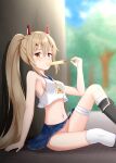  1girl ayanami_(azur_lane) azur_lane bandaged_leg bandages bangs blurry boots commentary_request commission depth_of_field food groin hair_between_eyes hair_ornament hairclip headgear highres holding knee_boots knee_up kuronuketaiyo light_brown_hair long_hair looking_at_viewer navel no_panties pleated_skirt ponytail popsicle popsicle_in_mouth school_uniform serafuku sidelocks sitting skeb_commission skirt sleeveless solo stomach yellow_eyes 