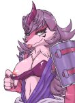  2022 5_fingers anthro areola armor blep bra bra_pull breasts canid canine canis chest_tuft claws cleavage clothed clothing clothing_pull domestic_dog donna_dagger_fur_hire duel_monster female finger_claws fingers fur hair half-length_portrait hi_res humanoid_hands long_hair looking_at_viewer mammal navel neck_tuft nipples pink_body pink_fur pink_hair portrait shoulder_pads smile solo tarian tongue tongue_out tuft underwear underwear_pull yu-gi-oh! 