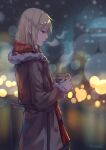  1boy artist_name blonde_hair blurry blurry_background breath brown_coat coat cup disposable_cup hakata_tonkotsu_ramens highres holding holding_cup hood hood_down long_hair long_sleeves night open_mouth outdoors profile red_scarf scarf sionne7724 solo xianming_lin 