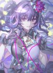  1girl asahina_mafuyu bangs collar dress flower gloves hair_flower hair_ornament high_ponytail holding jewelry lace long_hair looking_at_viewer necklace nurse official_alternate_costume open_mouth plant por_(_por_tt) project_sekai purple_eyes purple_hair smile standing string vines 