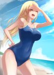  1girl absurdres alternate_breast_size beach blonde_hair blue_eyes blue_sky breasts cloud competition_school_swimsuit covered_navel cowboy_shot day english_commentary highres kenn_artz kofune_ushio leaning_forward long_hair medium_breasts outdoors school_swimsuit shading_eyes sky solo standing summertime_render swimsuit very_long_hair 