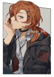  1boy alternate_costume alternate_hairstyle black_choker black_hoodie blue_eyes bungou_stray_dogs choker hair_ornament hairclip hood hoodie kiragera long_hair long_sleeves looking_at_viewer male_focus nakahara_chuuya open_clothes open_hoodie orange_hair profile x_hair_ornament 