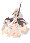  1girl ass_visible_through_thighs bigrbear black_hair bracelet breasts brown_eyes cropped_legs earrings fundoshi highres japanese_clothes jewelry long_hair looking_at_viewer medium_breasts navel nipples original smile solo sword weapon wooden_sword 