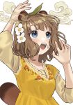  1girl :o animal_ears arm_up blue_eyes blush breasts brown_hair collarbone colored_smoke commentary_request fingernails floral_print flower flower_request hair_flower hair_ornament hand_up highres idolmaster idolmaster_million_live! layered_sleeves leaf leaf_on_head long_sleeves looking_up medium_breasts medium_hair open_mouth raccoon_ears raccoon_girl raccoon_tail raised_eyebrows shirt short_over_long_sleeves short_sleeves sidelocks simple_background sleeves_past_elbows smoke solo suou_momoko sweatdrop tail tanupon teeth thick_eyelashes three_quarter_view upper_body upper_teeth_only white_background yellow_shirt 