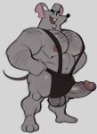  2024 anthro apron balls black_nose cheesemaster_(cookie_run) clothing cookie_run erection genitals grey_body hi_res hunnipanda male mammal murid murine muscular muscular_male navel nipples one_eye_closed pecs penis rat rodent simple_background solo wink 
