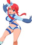  1girl :d blue_eyes blue_footwear blue_jacket blue_shorts boots breasts commentary_request cropped_jacket eyelashes gloves hair_ornament happy hedorobakudan jacket knees midriff navel one_side_up open_mouth outstretched_arms pokemon pokemon_bw red_hair short_hair_with_long_locks short_shorts shorts sidelocks skyla_(pokemon) smile solo teeth thigh_strap upper_teeth_only 