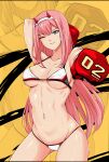  1girl bare_legs bikini boxer boxing_gloves breasts collarbone covered_nipples curvy darling_in_the_franxx demon_horns green_eyes hairband highres horns long_hair looking_at_viewer medium_breasts navel nonoririn one_eye_closed pink_hair shiny shiny_skin smile sweat swimsuit yellow_background zero_two_(darling_in_the_franxx) 