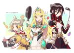  3girls bangs bare_legs bare_shoulders blonde_hair breasts cheese_dakke chest_jewel cleavage cleavage_cutout clothing_cutout dress earrings elbow_gloves gloves jewelry large_breasts long_hair morag_ladair_(xenoblade) multiple_girls mythra_(xenoblade) nia_(xenoblade) short_dress swept_bangs tiara very_long_hair white_dress white_gloves xenoblade_chronicles_(series) xenoblade_chronicles_2 yellow_eyes 