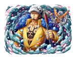  4boys arms_up bear bepo black_hair cape chest_tattoo closed_mouth earrings english_commentary facial_hair fur_cape fur_hat goatee hand_tattoo hat heart_pirates_jolly_roger holding holding_sword holding_weapon jewelry jumpsuit katana long_sleeves male_focus multiple_boys official_art one_piece one_piece_treasure_cruise open_mouth orange_jumpsuit penguin_(one_piece) polar_bear shachi_(one_piece) shirt sword tattoo teeth trafalgar_law v-shaped_eyebrows weapon yellow_shirt 