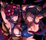  2girls armpits arms_behind_head arms_up bangs bare_shoulders bikini black_bikini black_hair blue_bikini blue_eyes blush breasts cleavage fate/grand_order fate_(series) fur_collar grin hair_bun hair_ornament hairpin katsushika_hokusai_(fate) large_breasts long_hair looking_at_viewer multiple_girls obi parted_bangs purple_hair restrained sash short_hair side_ponytail sidelocks single_side_bun smile swimsuit tentacles tongue tongue_out ulrich_(tagaragakuin) ushiwakamaru_(fate) ushiwakamaru_(swimsuit_assassin)_(fate) ushiwakamaru_(swimsuit_assassin)_(first_ascension)_(fate) very_long_hair 