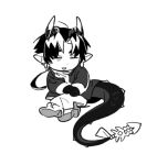  1boy arknights chibi chong_yue_(arknights) closed_eyes coat dragon_boy dragon_horns dragon_tail earrings full_body greyscale horns jewelry jjeobjjeobdogta_(wjqwjqehrxk) long_hair long_sleeves long_tail low_ponytail male_focus monochrome multicolored_hair open_mouth pants pointy_ears shoes simple_background sitting streaked_hair tail white_background 