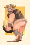  1boy ass bara beard blush dungeon_meshi dwarf facial_hair fake_horns flipping_food food full_body helmet highres horned_helmet horns long_beard looking_at_viewer looking_to_the_side male_focus mustache nathengyn plump senshi_(dungeon_meshi) solo sparkling_eyes thick_mustache thighs tiptoes two-tone_background very_long_beard 