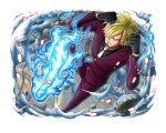  1boy black_gloves black_shirt blonde_hair blue_fire curly_eyebrows english_commentary facial_hair fire flaming_leg foot_up formal gloves hair_over_one_eye male_focus necktie official_alternate_costume official_art one_piece one_piece_treasure_cruise pants sanji_(one_piece) shirt short_hair solo standing standing_on_one_leg suit white_necktie 