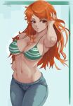  1girl bikini bikini_top_only breasts brown_eyes cleavage denim highres jeans large_breasts long_hair looking_at_viewer midriff nami_(one_piece) niksoncrazy one_piece orange_hair pants swimsuit 