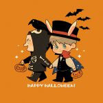  2boys absurdres adam_parrish animal_on_head bat_(animal) bird black_hair blonde_hair blush buzz_cut cape catbishonen chainsaw_(the_raven_cycle) chibi couple crow english_text freckles full_body halloween halloween_costume happy_halloween highres holding_hands looking_at_viewer male_focus multiple_boys on_head orange_background ronan_lynch short_hair simple_background smile sparkling_aura the_raven_cycle very_short_hair yaoi 